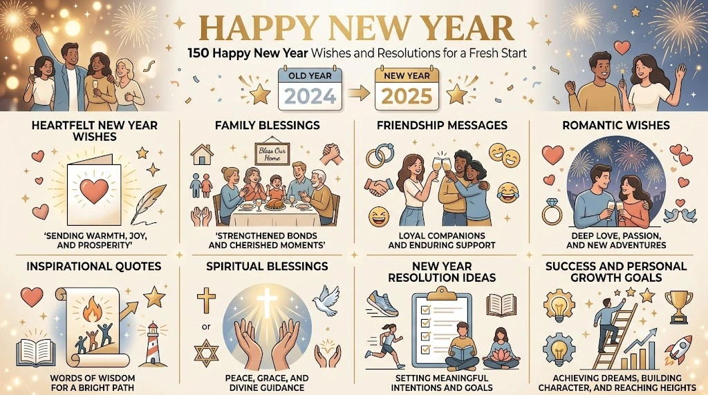 Discover heartfelt Happy New Year wishes, blessings, messages, and resolutions to inspire happiness, success, gratitude, and fresh beginnings.