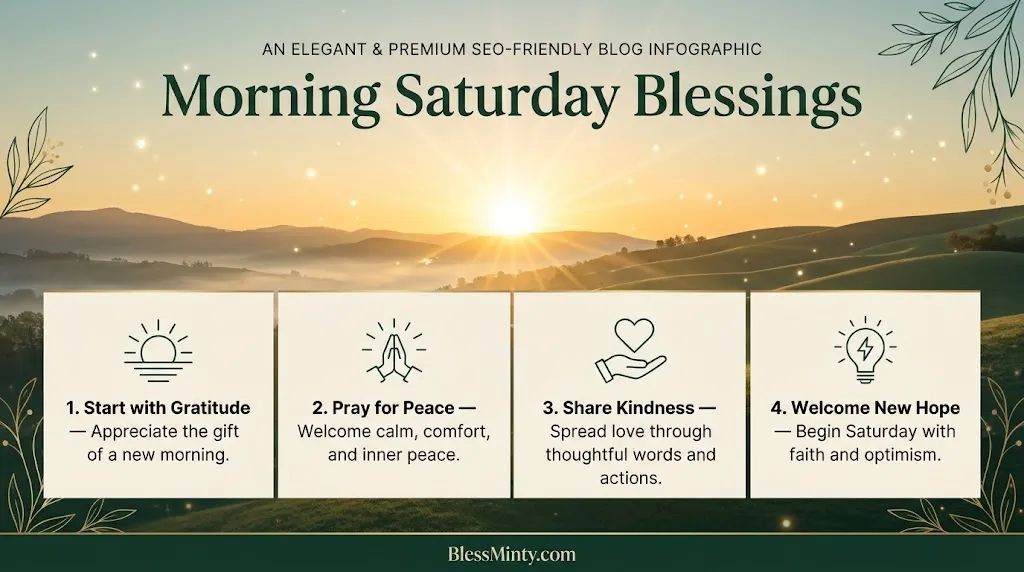 Create a premium, photorealistic, highly clickable SEO blog featured image for the article **“Morning Saturday Blessings to Start Your Weekend With Peace, Faith & Joy.”**
**Image Dimensions:** Exactly 1280 × 720 pixels, 16:9 landscape aspect ratio.
**Visual Concept:** A breathtaking Saturday morning sunrise with warm golden sunlight spreading across a peaceful garden, soft mist floating over green hills, delicate white flowers, and beautiful sun rays illuminating the morning sky. In the foreground, place an elegant rustic wooden table with a white ceramic coffee cup, an open Bible with naturally textured pages, and a small vase of fresh white flowers. The scene should communicate peace, faith, gratitude, hope, spiritual comfort, and the joy of welcoming a new weekend.
**Composition:** Keep the left 50–55% relatively uncluttered with a soft, darker golden-brown gradient to ensure excellent headline readability. Place the sunrise, coffee cup, open Bible, and flowers primarily on the right side. Use a balanced editorial composition that looks beautiful on both desktop and mobile screens.
**Headline Text:** Add the exact headline:
“SATURDAY MORNING”
“BLESSINGS”
Below it, add the subtitle:
“Peace • Faith • Joy”
Use large, bold, elegant typography with warm golden and white lettering. Ensure perfect spelling, excellent contrast, professional alignment, and readability at small thumbnail sizes.
**Color Palette:** Luxury golden yellow, warm cream, soft white, sage green, and subtle earthy brown. Use natural golden-hour lighting, realistic shadows, cinematic depth of field, detailed textures, and sophisticated color grading.
**Design Style:** Premium editorial photography, photorealistic details, modern inspirational blog design, emotionally engaging, peaceful, uplifting, clean, elegant, and professionally art-directed. The image must instantly communicate Saturday morning blessings and encourage readers to click.
**SEO & Quality Requirements:** Create a visually distinctive featured image suitable for a spiritual inspiration website like BlessMinty. Maintain a strong visual hierarchy, a clear focal point, balanced negative space, and high contrast. Ensure the image remains attractive when cropped into a small Google search or social media thumbnail.
**Negative Prompt:** Blurry image, low resolution, oversaturated colors, cartoon style, artificial-looking sunlight, cluttered composition, excessive decorative elements, illegible text, misspelled words, distorted Bible pages, duplicate objects, watermarks, logos, borders, and unnecessary text.
Morning Saturday Blessings